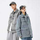 Unisex Jacket Retro Washed Denim Jacket Lapel Loose Pockets Overalls